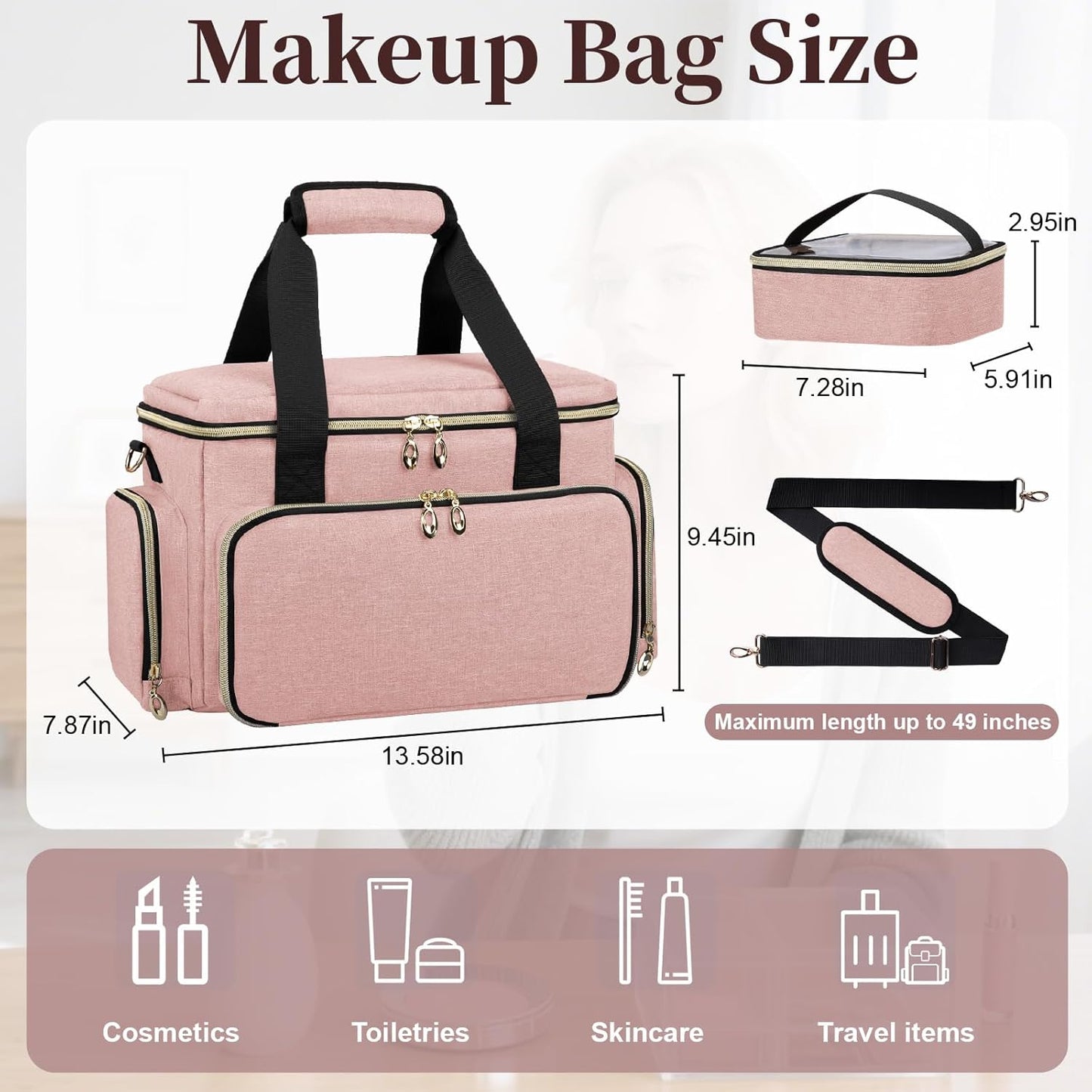 Large Makeup Bag, Portable Travel Makeup Bag Organizer for Women Girls with 2 Removable Pouches & Detachable Dividers, Cosmetic Travel Bag, Toiletry Bag for Makeup and Hair Supplies Pink
