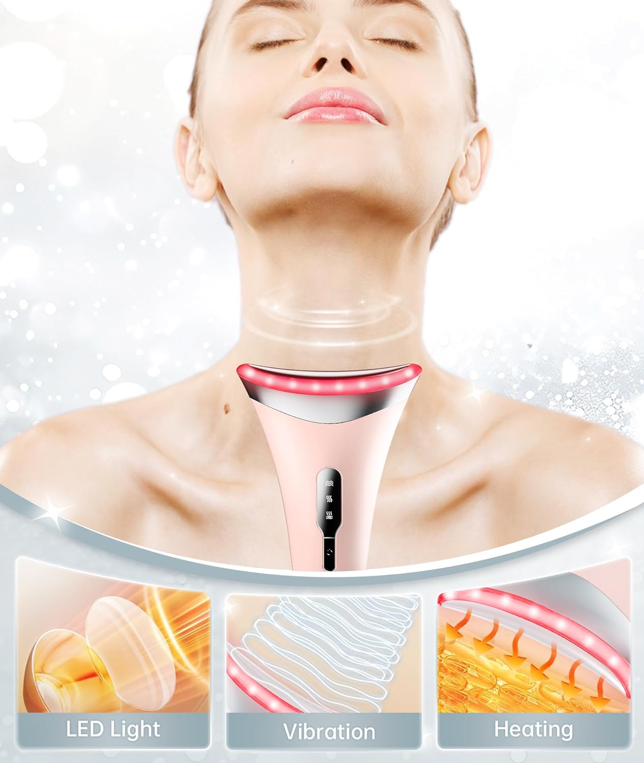 7 Color Light Therapy Facial Massager with Adjustable Vibration and Thermals for Wrinkles, Double Chin, Red Light Skin Care Tool with Base, Pink