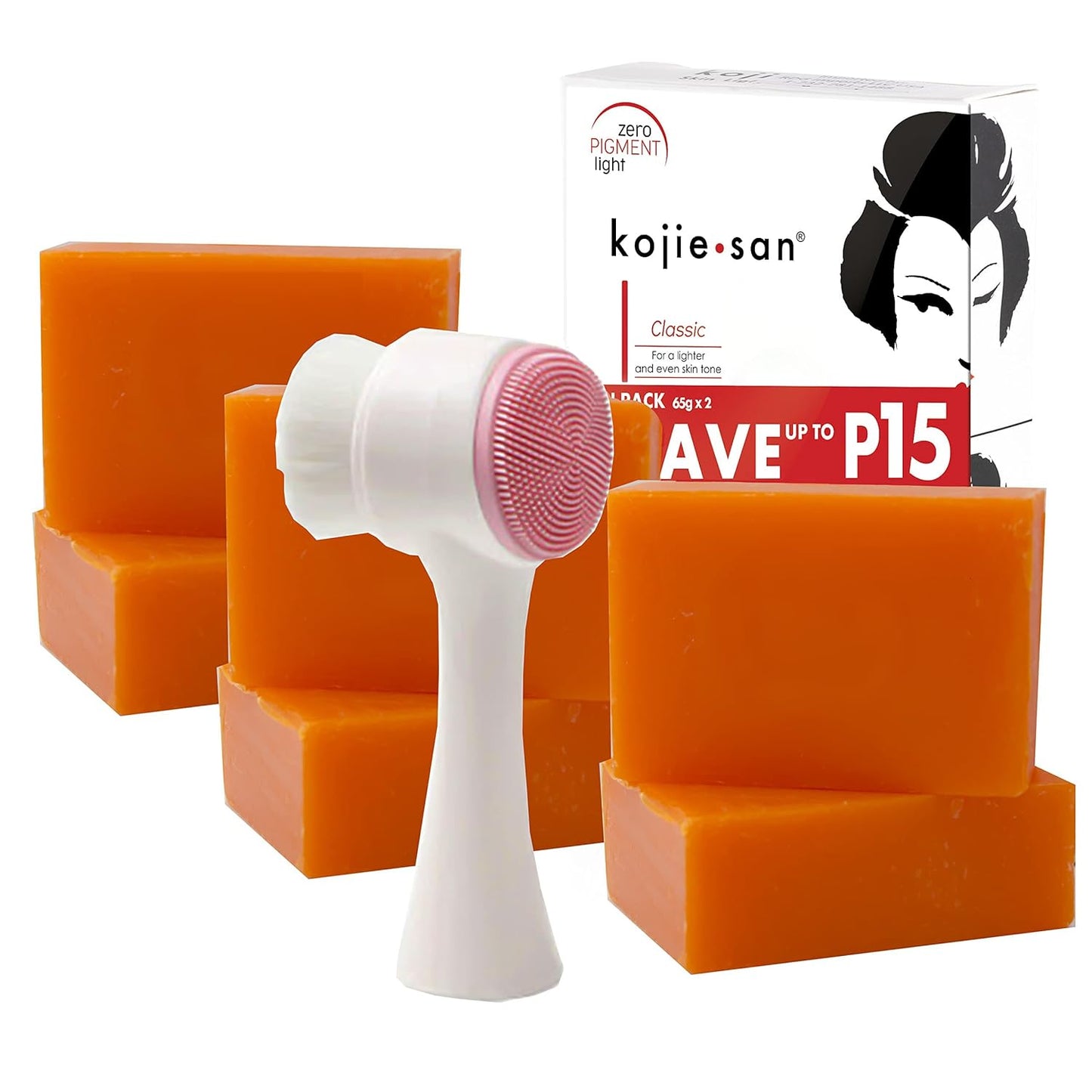 Kojie San Skin Brightening Brush Set - Original Kojic Acid Soap That Helps Reduces Dark Spots & Other Types of Skin Damage – 65g x 6 Bars and Relumins Deep Pore Facial Cleansing Brush