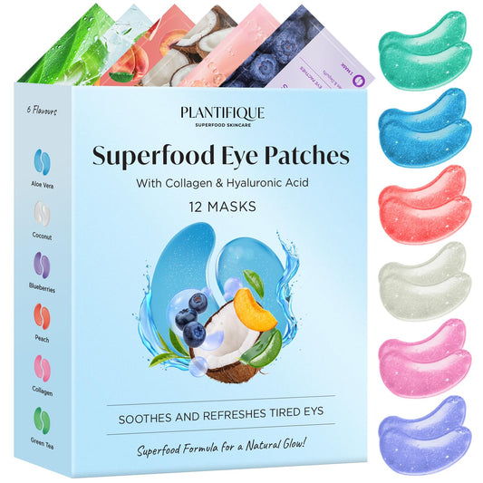 PLANTIFIQUE Superfood Under Eye Patches – 12 Pairs with Hyaluronic Acid for Dark Circles & Puffy Eyes – Anti-Aging Skincare Gel Mask, Gift for Women & Men