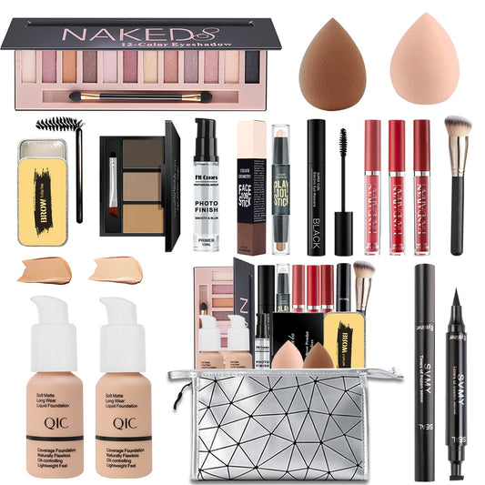 All in One Makeup Kit,Includes Naked Eyeshadow Palette,Liquid Foundation,Lipstick Set,Mascara,Makeup Brush,Makeup Sponge,Eyebrow Powder,Eyebrow Soap,Eyeliner Stamp, Primer,Contour Stick,Cosmetic Bag
