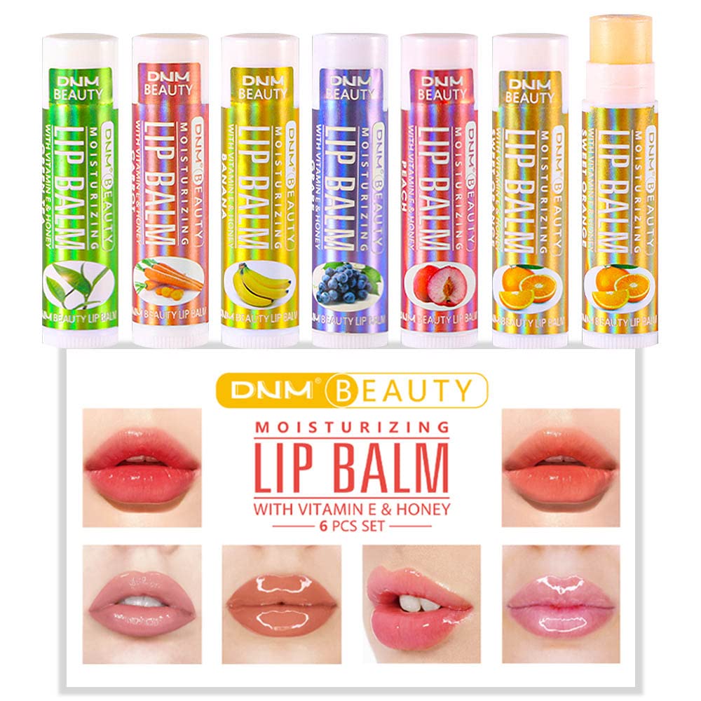 evpct 6Pcs Classic Fruit Flavour Flavored Lip Balm Set for Lip Care Chafed Chapped Cracked Lips, Natural Vitamin E & Honey Green Tea Carrot Banana Grape Peach Orange Moisturizing Mens Kids Lip Balm 3