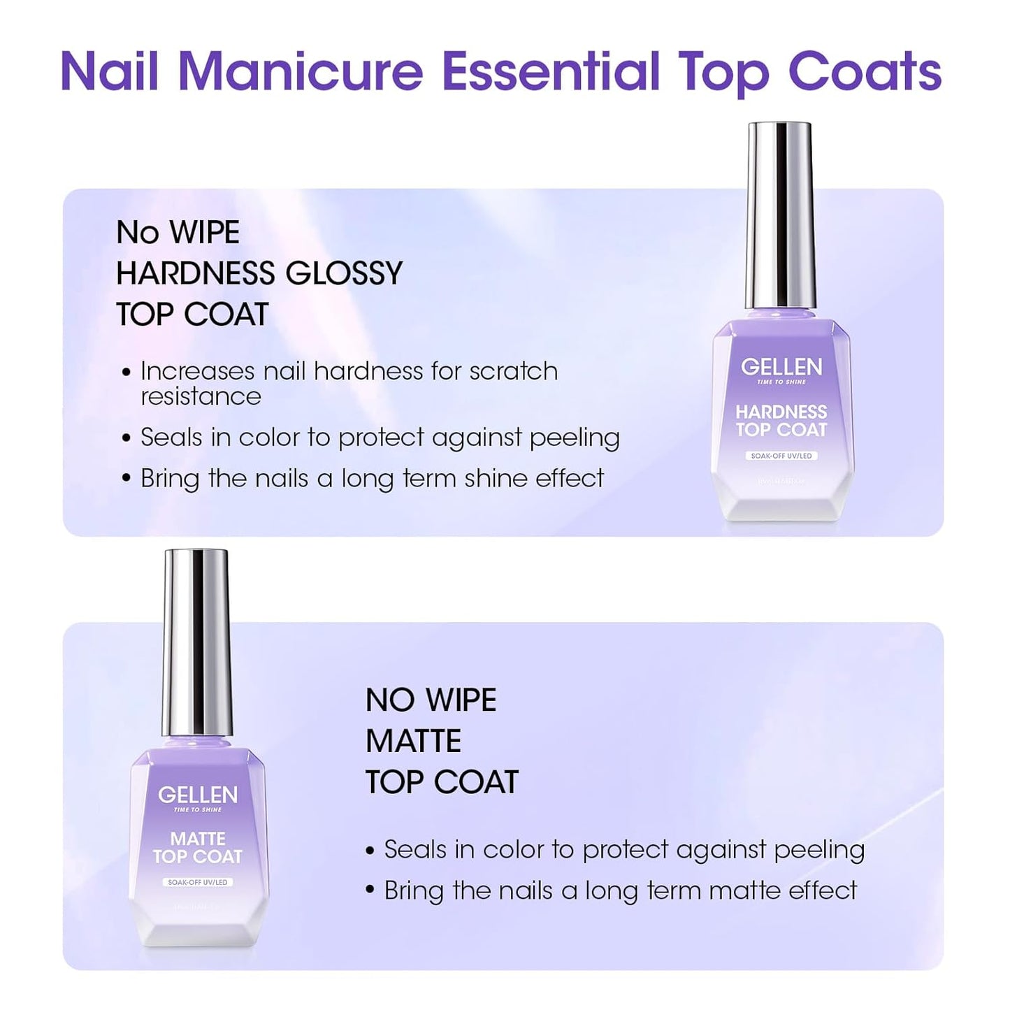 GELLEN Gel Top Coat, 18ml Matte Top Coat Gel & Glossy Top Coat Nail Polish Anti-scratch, Soak Off UV, No Wipe Clear Nail Polish, Super Glossy, DIY at Home Manicure Gifts