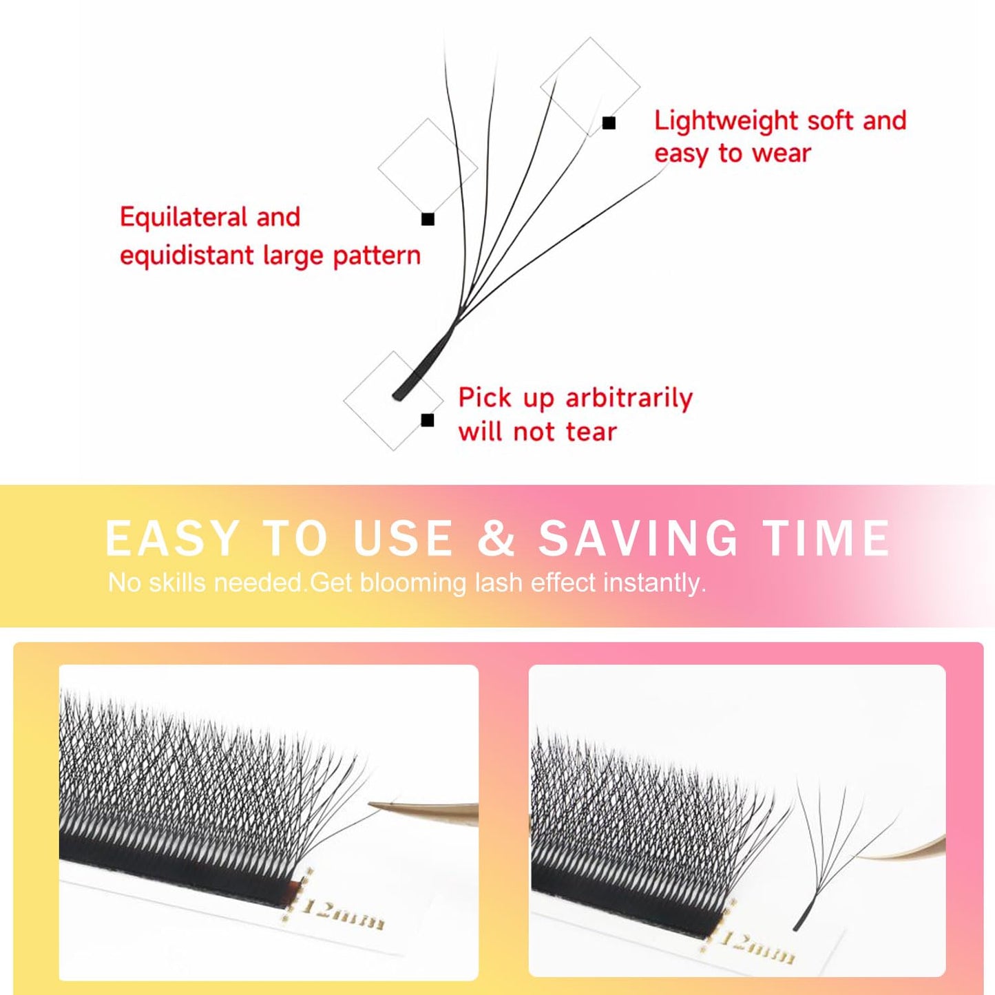 W Lash Extensions Supplies 5D Eyelash Extensions W Shape 0.07mm Thickness C Curl 11mm Premade Fans Easy Fan Lashes Volume Matte Black 12 Rows Crisscross Eye Lashes(W-5D-0.07-C,11mm)