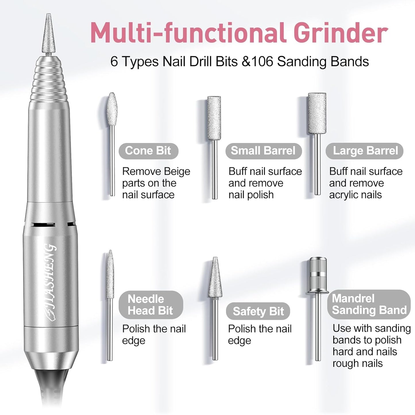 Jiasheng Professional Nail Drill, 20000rpm Electric Nail Drill Machine, Electronic Nail File Drills for Acrylic Nails Gel Nails Manicure Pedicure Tools for Salon Use, White