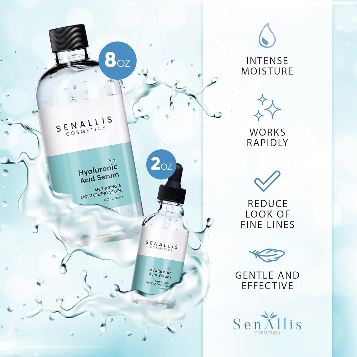 Hyaluronic Acid Serum 8 fl oz And 2 fl oz, Made From Pure Hyaluronic Acid, Anti Aging/Wrinkle, Ultra-Hydrating Moisturizer That Reduces Dry Skin Manufactured In USA