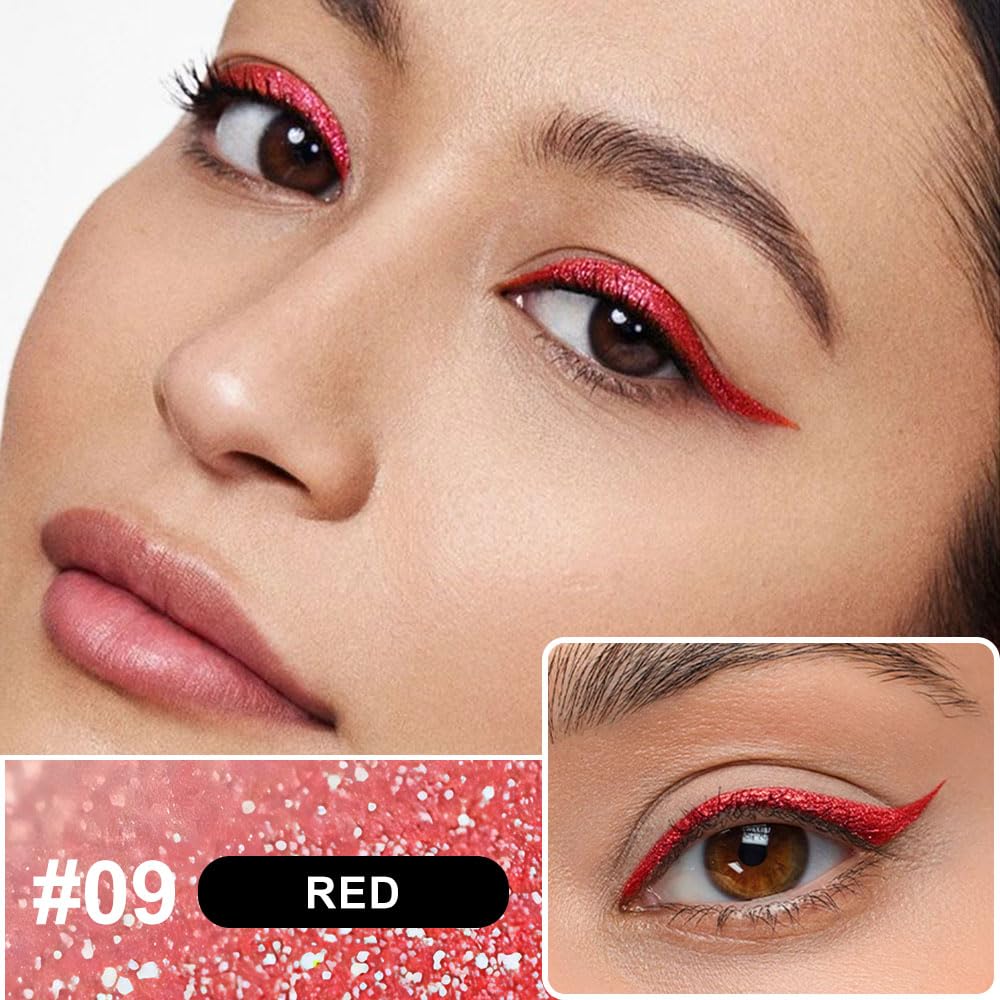 evpct 1Pcs Red Glitter Shimmer Liquid Eyeliner Eye Makeup Pencil Pen, Pearl Red Chrome Eyes Liner Face Glitter Makeup Fake Eyelashes Mascara Accessories, Sparkle Metallic Eyeliner Pen Waterproof