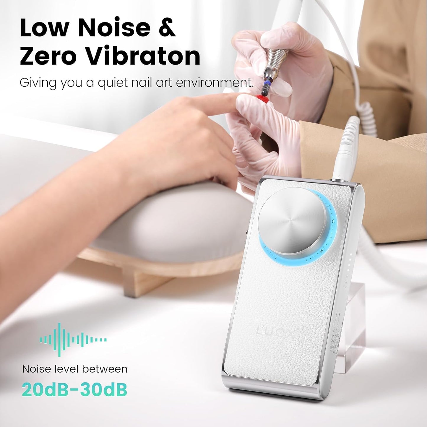 L'UGX Professional Nail Drill 30000RPM, Cordless Rechargeable Electric Nail File for Acrylic Nails Gel Polishing, Efile Nail Kit for Manicure Pedicure, Low Noise Low Vibration, 7Pcs Drill Bits, White