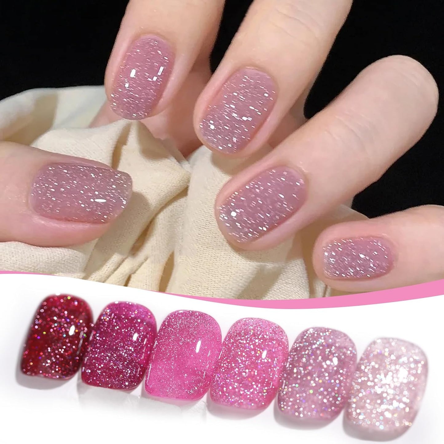 BORN PRETTY Reflective Glitter Gel Nail Polish Pink Holographic Colorful Glitter Spring Summer Gel Polish Sparkly Shiny Disco DJ LED Gel Nail Polish Nail Varnish 6PCS