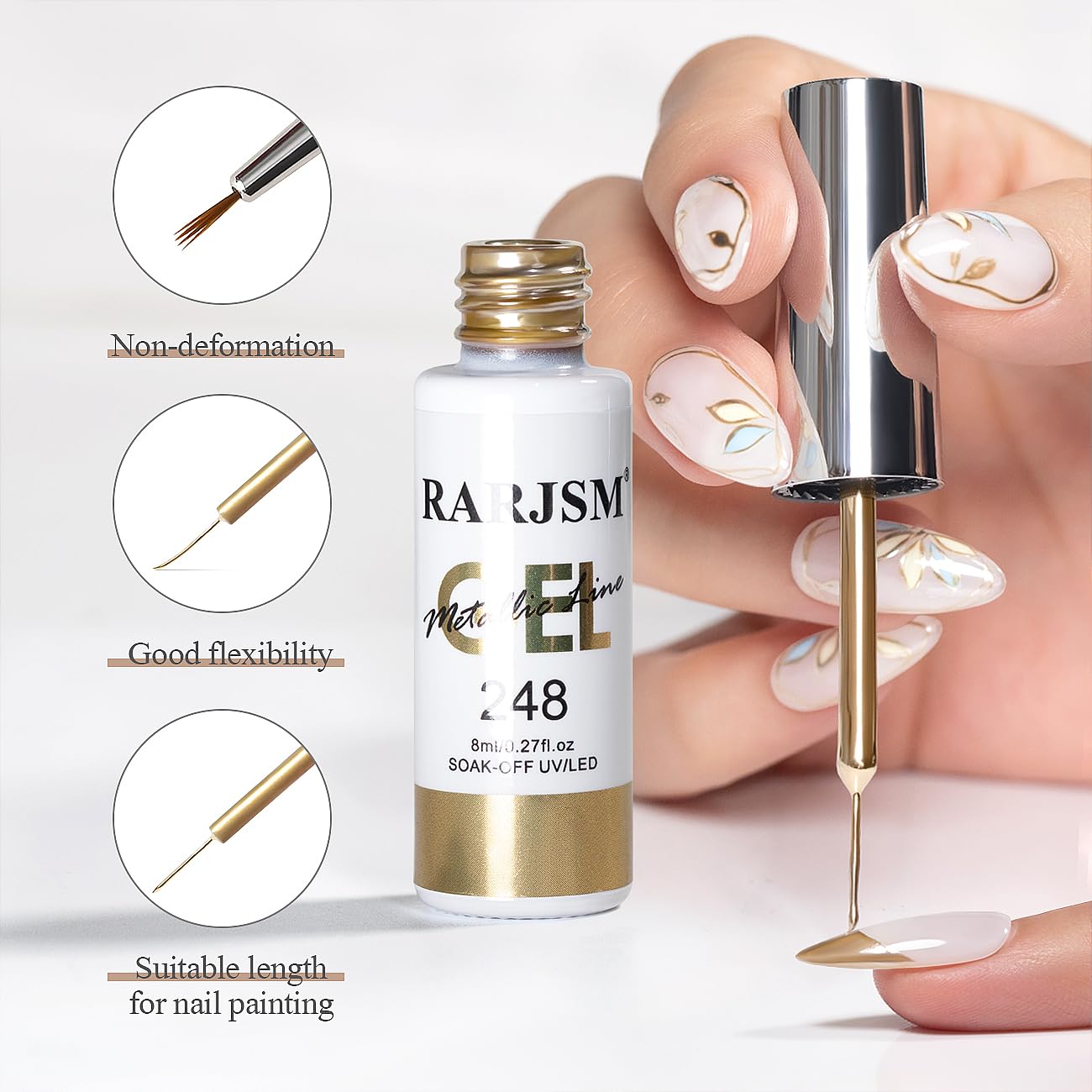 RARJSM Metallic Nail Art Gel Liner Bronze Gold Mirror Chrome 3D Effect Gel Nail Polish 8ml Build in Thin Brush Metal Painted Drawing Striper Painting Gelpolish Soak off Curing Requires for Home Salon