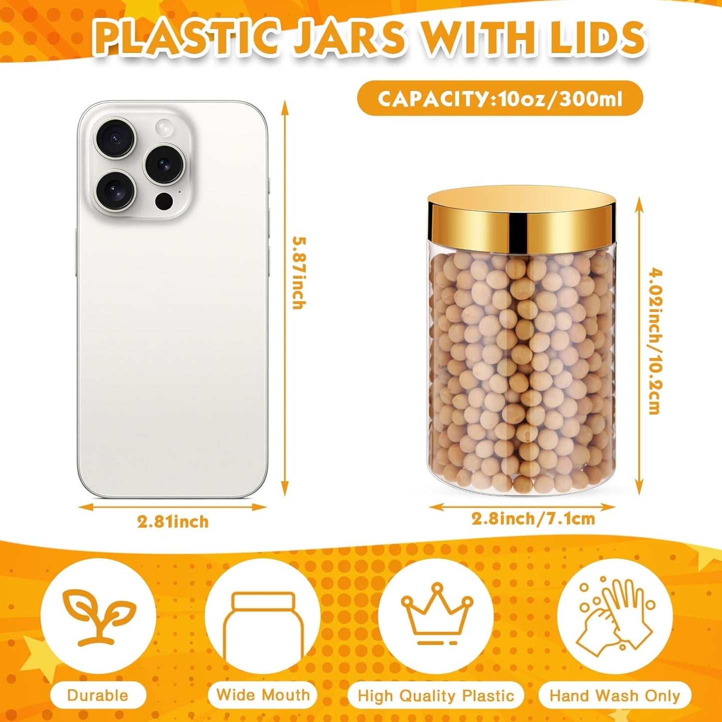 SATINIOR 100 Pcs Plastic Jars with Lids Small Containers Lids Wide Mouth Small Plastic Containers for Lotion Cream Rhinestones Body Butters Travel Storage(10 oz,Gold)