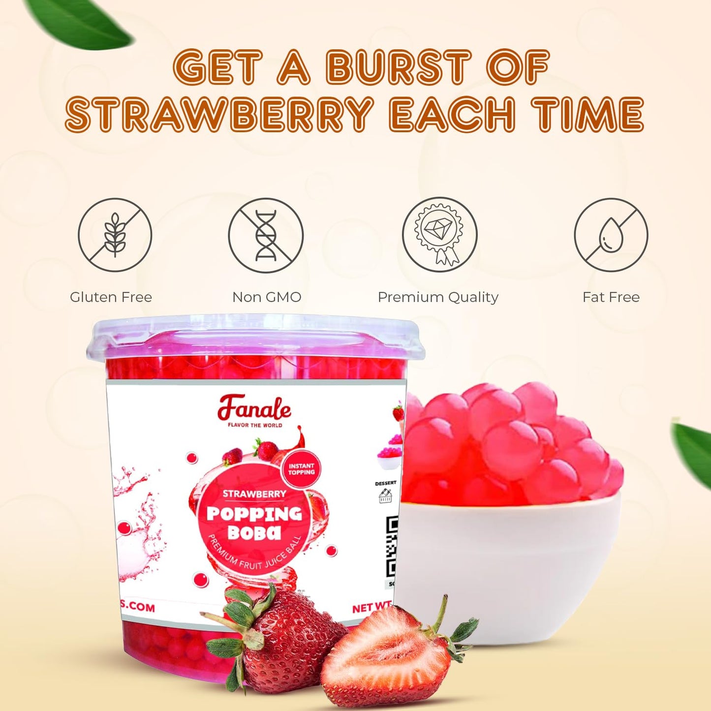 Fanale Strawberry Popping Boba Pearls, Vegan, Non GMO, Gluten Free, Fat Free, Perfect for Bubble Tea, Smoothies, Ice Cream, Desserts, and Beverages.