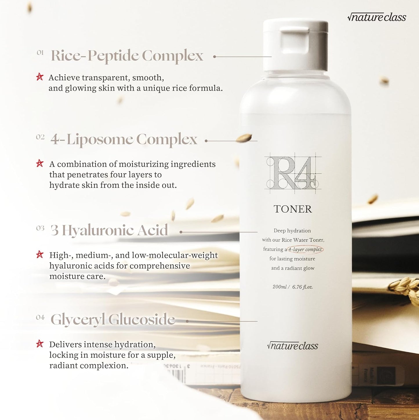 R4 Hydrating Rice Toner with Rice-Peptide & 4-Liposome Complex – Calming & Moisturizing Glowing Toner, Lasting Hydration, Hypoallergenic Korean Skincare 6.76 fl.oz.