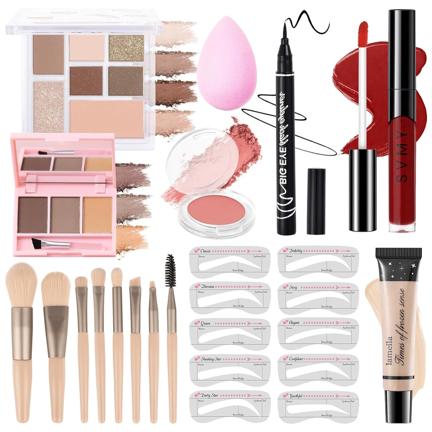 Makeup Kit for Teens Girls, Makeup Present Set for Women, Makeup Full Kit for Beginners, Mini Makeup Bundle Include 7 Nude colors Matte & Shimmer Pigmented Eyeshadow Palette, Eyebrow Powder