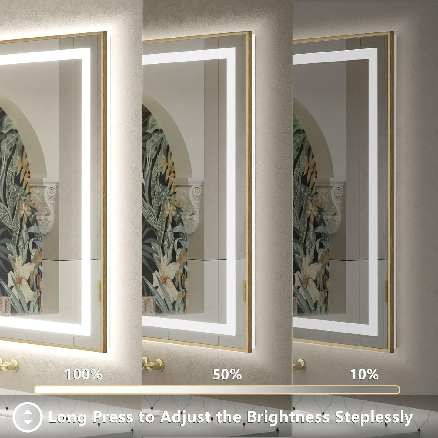 OKPAL 48x32 Gold LED Mirror for Bathroom with Frontlit & Backlit, Metal Framed Lighted Bathroom Mirror with Lights, Anti-Fog, Dimmable 3 Colors, Shatterproof, Horizontal/Vertical