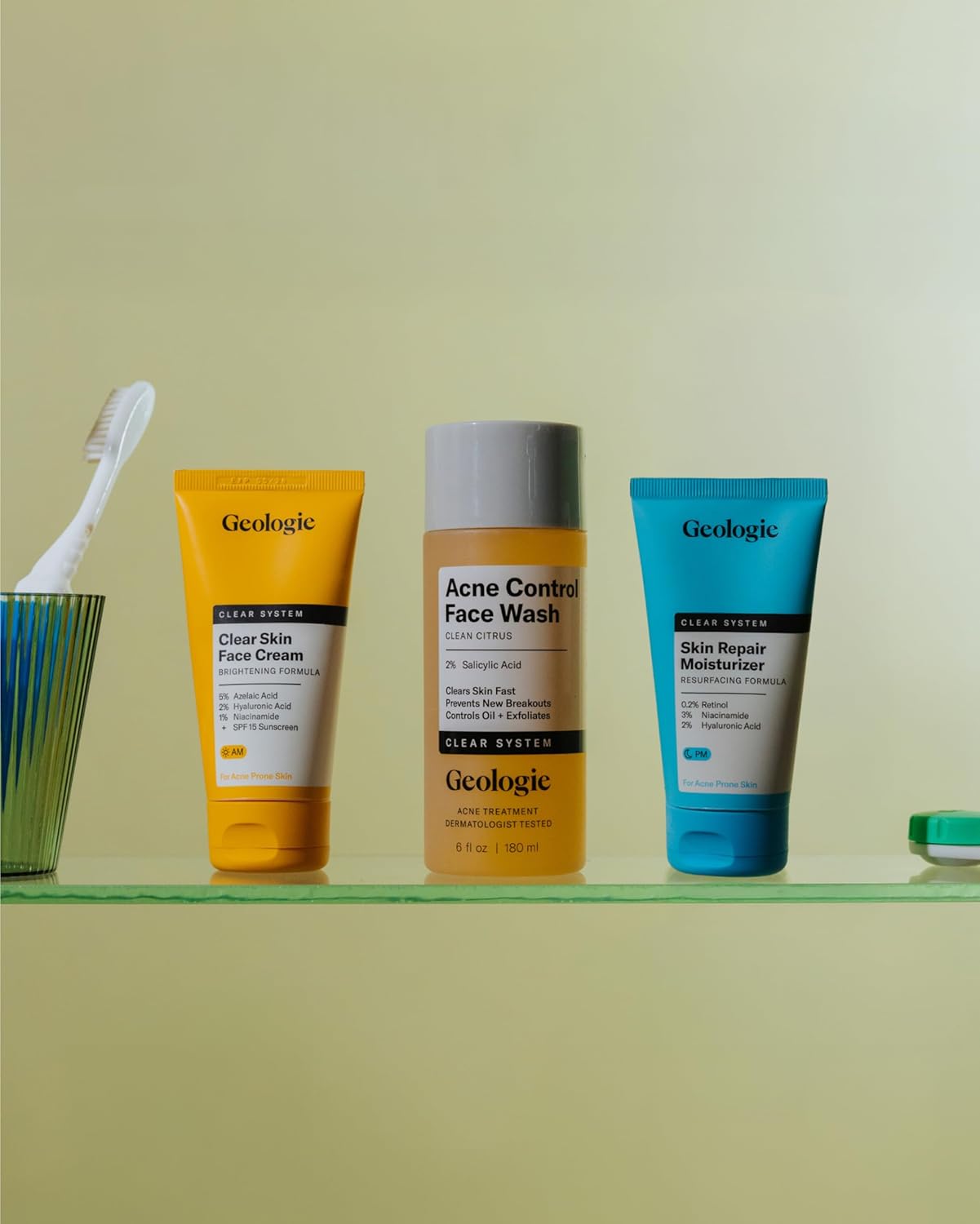 Geologie Clear Skin Face Routine | 3-Piece Kit Includes Exfoliating Cleanser, Repairing PM Moisturizer, Oil Free AM Moisturizer | Daily Routine for Clear, Healthy Skin | Lasts 3 Months