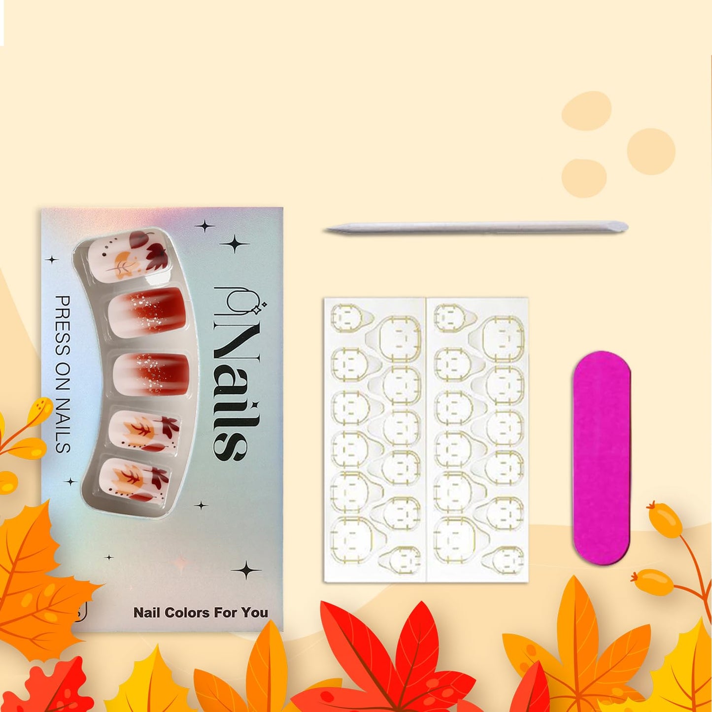 Thanksgiving Press on Nails Fall Maple Leaves Fake Nails Medium Square Acrylic Glue on Nail Glossy Autumn Maple Leaf Stick on Nail for Women DIY Manicure