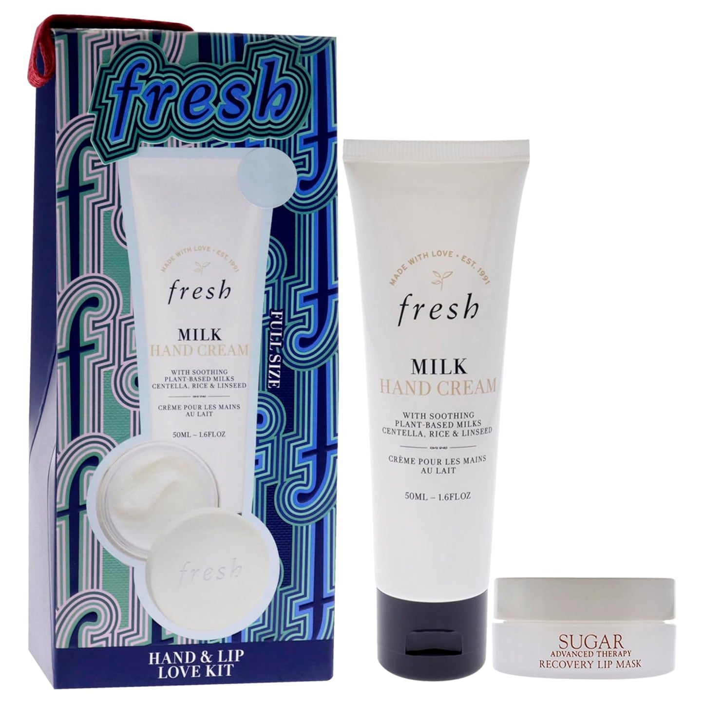 Fresh Hand And Lip Love Kit for Women - 2 Pc 1.6oz Milk Intensive Hand Cream, 0.3oz Sugar Recovery Lip Mask Advanced Therapy