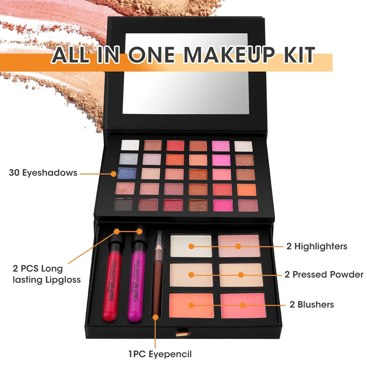 All in One Makeup Kit,Makeup Palette Includes 30 Color Eyeshadow, 2 Color Highlighter，2 Color Pressed Powder，2 Color Blusher，2 Pcs lip gloss，1 Pcs Eyepencil, Mirror,Makeup Gift Set for Women (017Y)