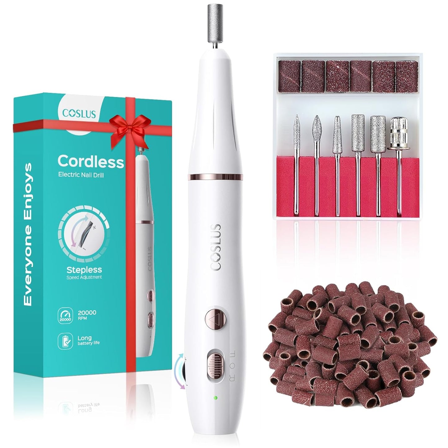 COSLUS Cordless Electric Nail Drill File: Nail Drill Machine with Stepless Speed Knob for Acrylic Gel Dip Powder Polish, Professional Portable Manicure Pedicure Rechargeable for Home Salon Use White