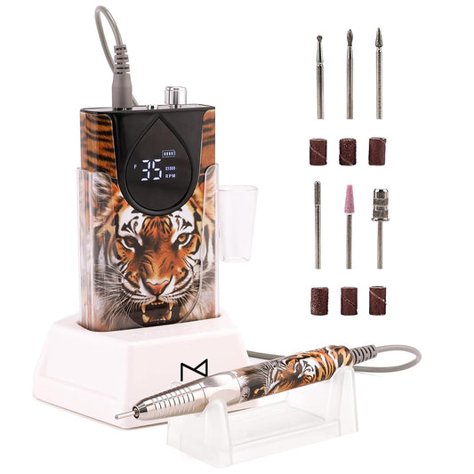 M Max - Nail Drill Professional - 2-in-1 Brushless Motor Nails Drill Machine - Electric, Cordless, Aluminium Alloy Casing, 35000 RPM, HD Display - Perfect for Salon & Home Use Special Edition - Tiger