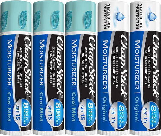 ChapStick Lip Balm Moisturizer 2-in-1 Lipcare SPF 15 Bundle – Cool Mint 3-Pack + Original 2-Pack, 0.15 Oz Ea (5 Piece Set)