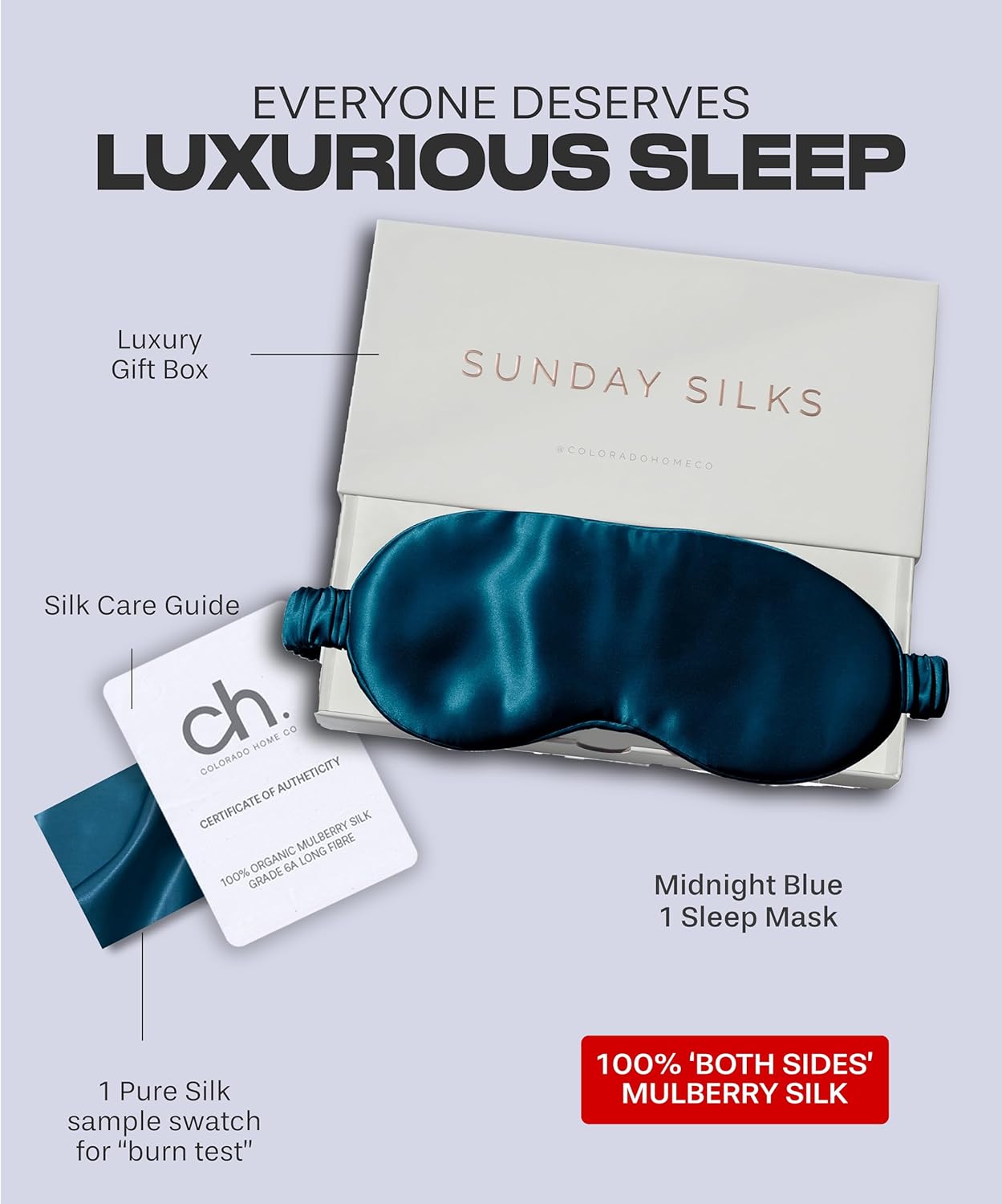 SUNDAYSILKS™ Exclusive Mulberry Silk Sleep Mask | Soft Eye Covers, Blackout Sleeping Mask for Women & Men | Silk Eye Mask for Sleep, Travel, and Relaxation | Antifaz para Dormir [Midnight Blue]