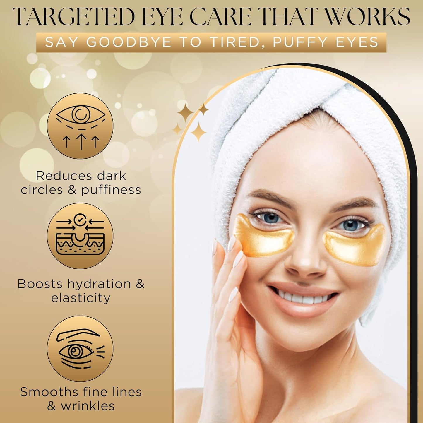 Undereye Mask Patches for Dark Circles, Puffiness & Wrinkles, Gold Eye Mask with Collagen, Caffeine & Hyaluronic Acid, Vegan & Cruelty-Free Eye Patches for Women and Men (24 Pairs)