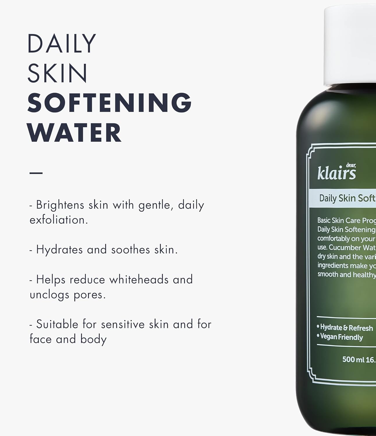 [DearKlairs] Daily Skin Softening Water, Toner, Jumbo 16.90 Fl Oz, Skin Refining Cucumber Essence, Daily mild exfoliator
