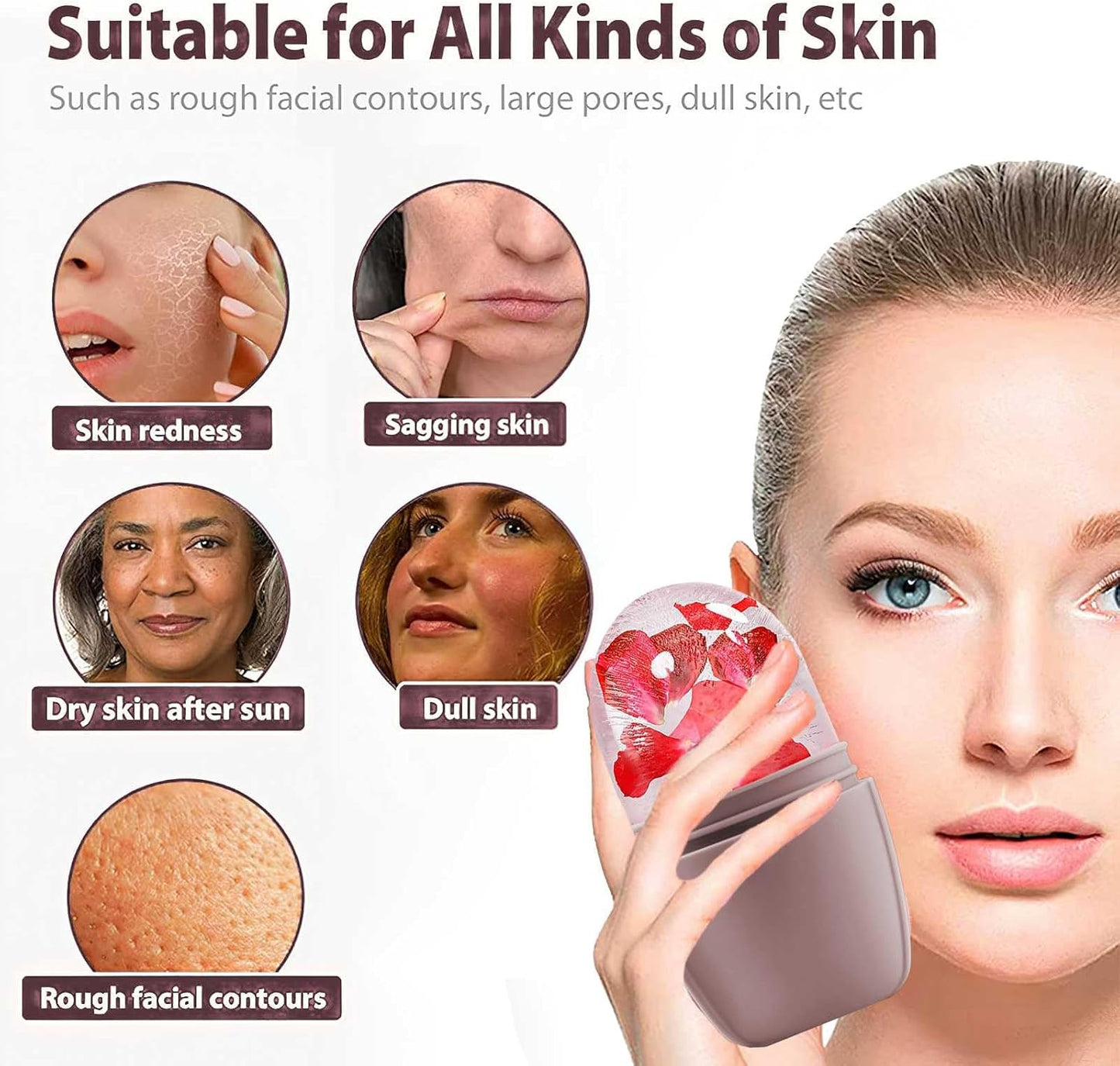 KOGITI Face Ice Roller & Mold - Beauty Facial Massage Tool for Puffiness Relief, Ice Cube Holder (Brush-Brown)