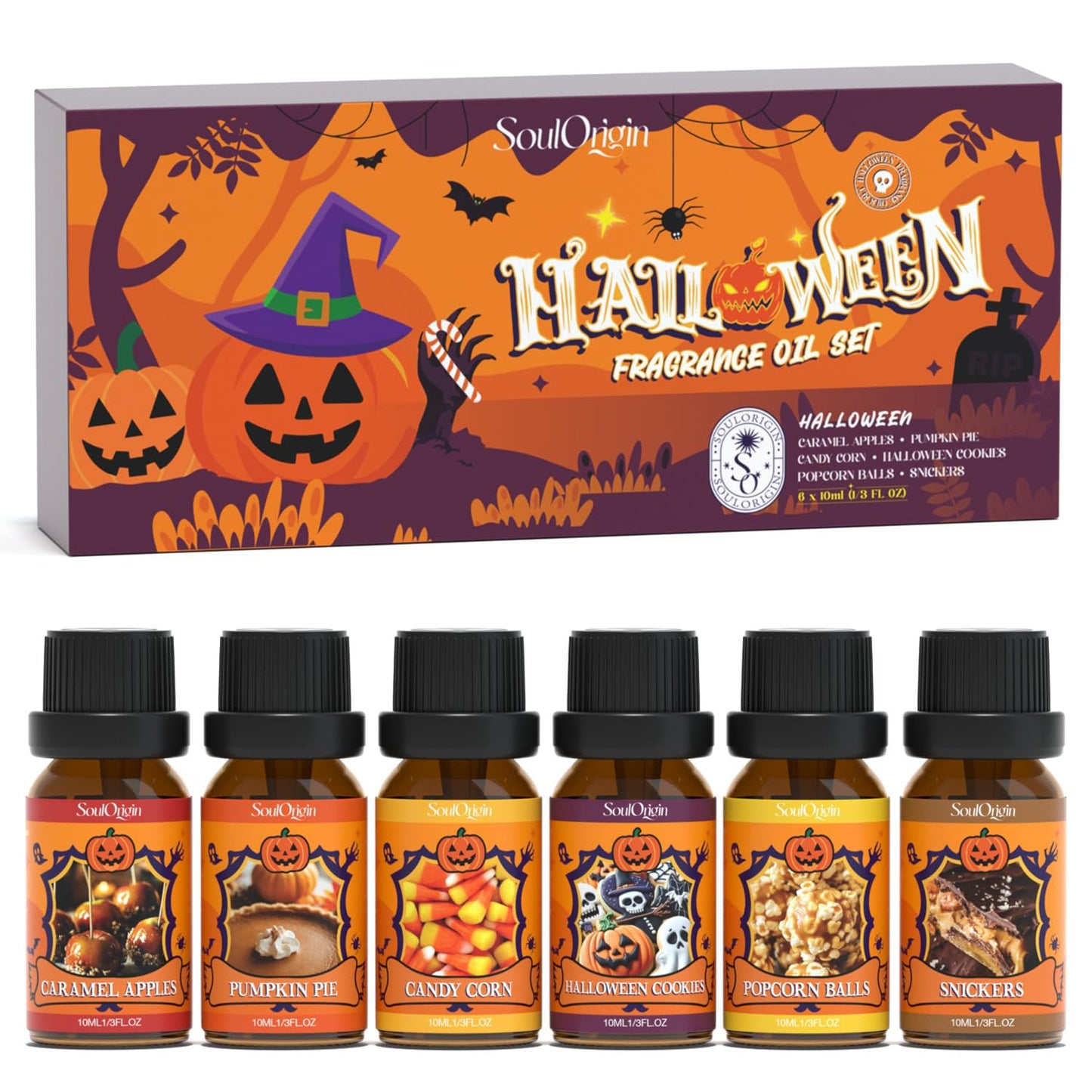 Halloween Fragrance Oils Set, Essential Oil for Diffuser, Diffuser Oil, Use for Soap Candle Making,Caramel Apples, Pumpkin Pie, Candy Corn, Halloween Cookies, Popcorn Balls, Snickers Bars