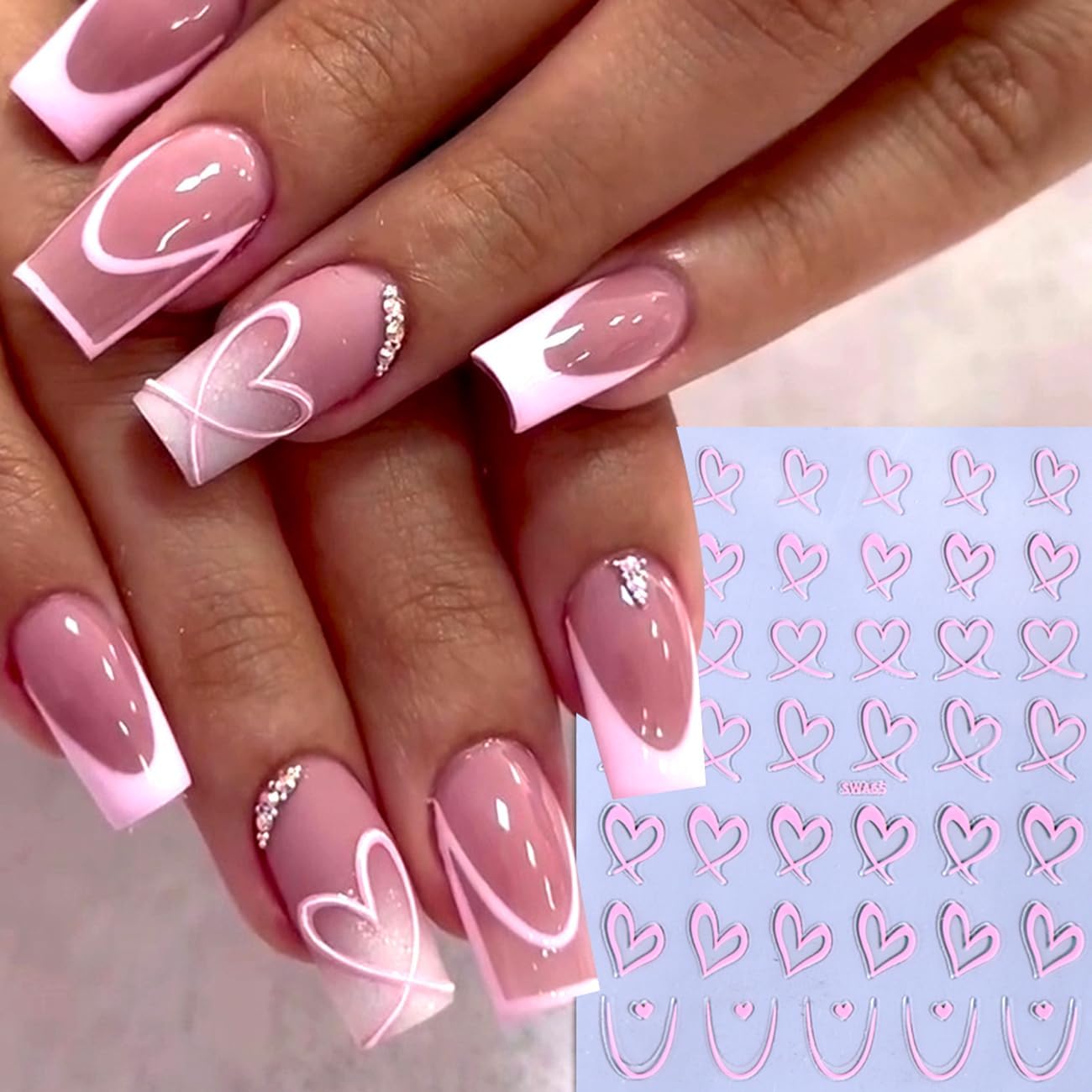 Valentine's Day Nail Art Sticker Set Nail Supplies Hearts Nail Decals 3D Self Adhesive Love Hollow Peach Heart Shaped Nail Design Valentine French Sticker for Women Valentine Holiday Nail Decoration