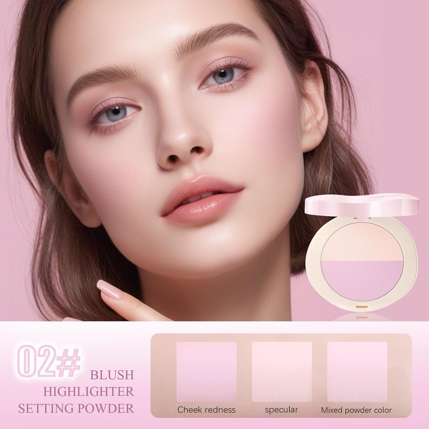 Pink Setting Powder, 3 in 1 Blush Palette with Puff, Highlighter Palette, Fine Texture Blush Pressed Powder, Setting Powder Makeup, Korea Makeup - Purple