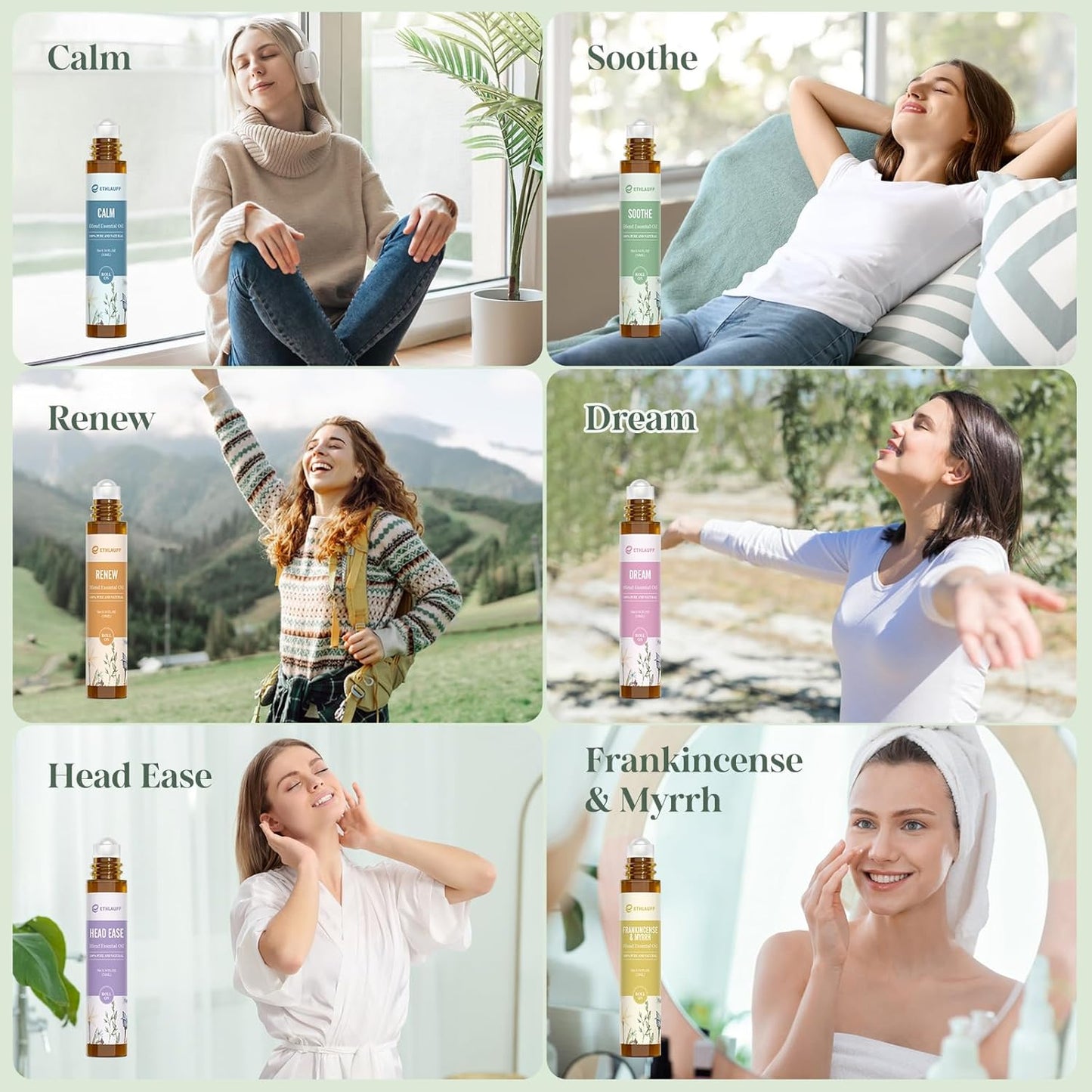 Essential Oils Roll On Set 12 Pack -(Calm, Renew, Soothe, Dream, Head Ease, Frankincense & Myrrh) Relaxation Self Care Gifts,Aromatherapy Oil with Roller Ball - Stress Relief Gifts for Women and Men