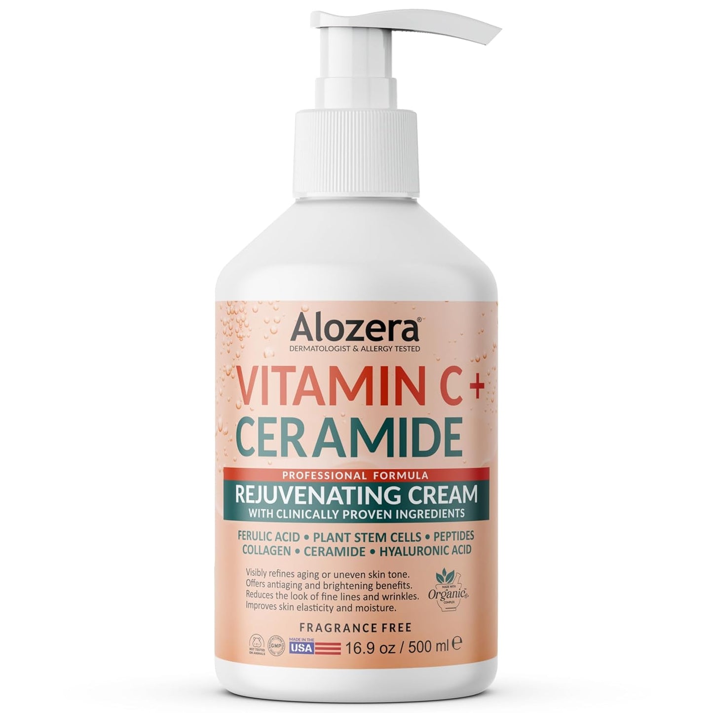 Vitamin C Body Lotion with Ceramides & Stem Cells, Anti-Aging Moisturizer Cream for Noticeably Youthful, Even Skin Tone, Lightweight, Fragrance-Free, 16.9 oz