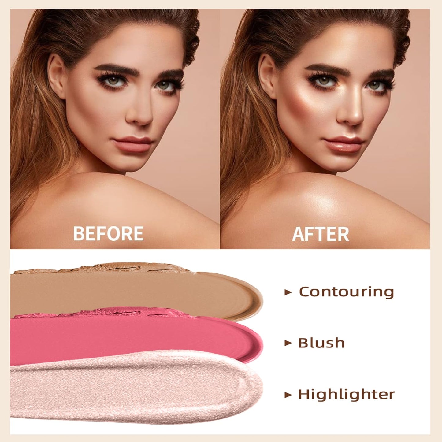 3 Pcs Cream Contour Stick Makeup Kit, Shades with Highlighter,Blush and Bronzer Contour Stick for Sculpt the Cheeks, Waterproof, Matte & Dewy Finish (Light-Medium,#02+#10+#12)