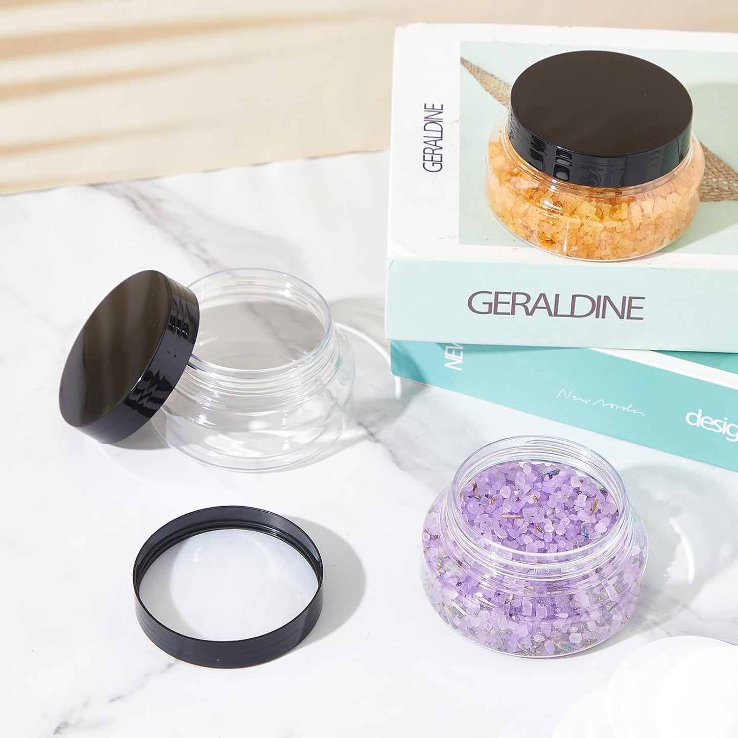 Tessco 48 Pcs Plastic Jars with Lids and Labels Body Scrub Jars Round Refillable Cosmetic Containers Empty Butter Travel Containers for Sugar Scrub Lotions Cosmetics Cream (5 oz,Clear)