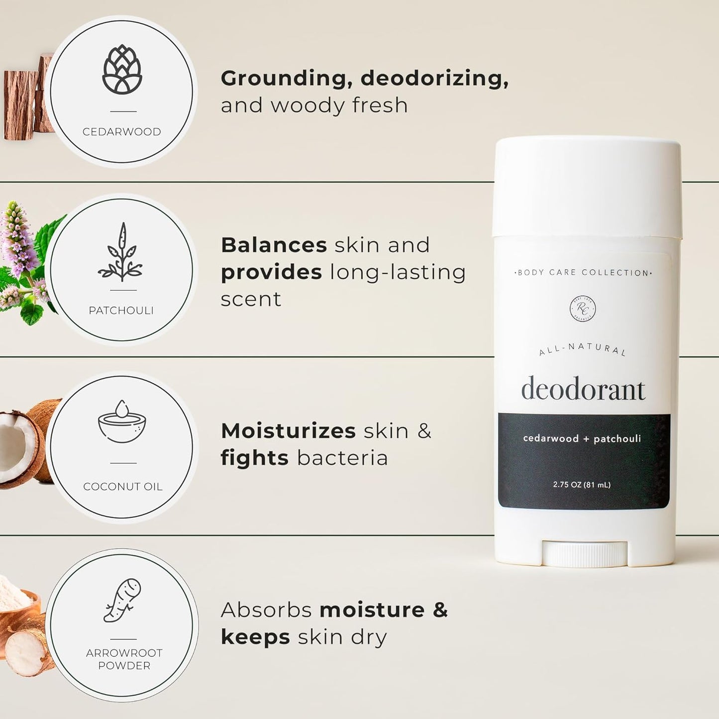 Rowe Casa Organics Cedarwood + Patchouli Natural Deodorant for Men and Women, Wood and Musky Paraben-Free Deodorant Stick with Therapeutic-Grade Essential Oils, 2 oz