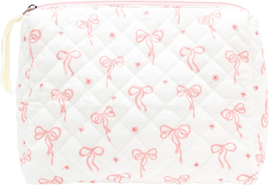 Quilted Makeup Bag Large Travel Zipper Soft Cosmetic Pouch for Women Girls Make Up,Bow Pink