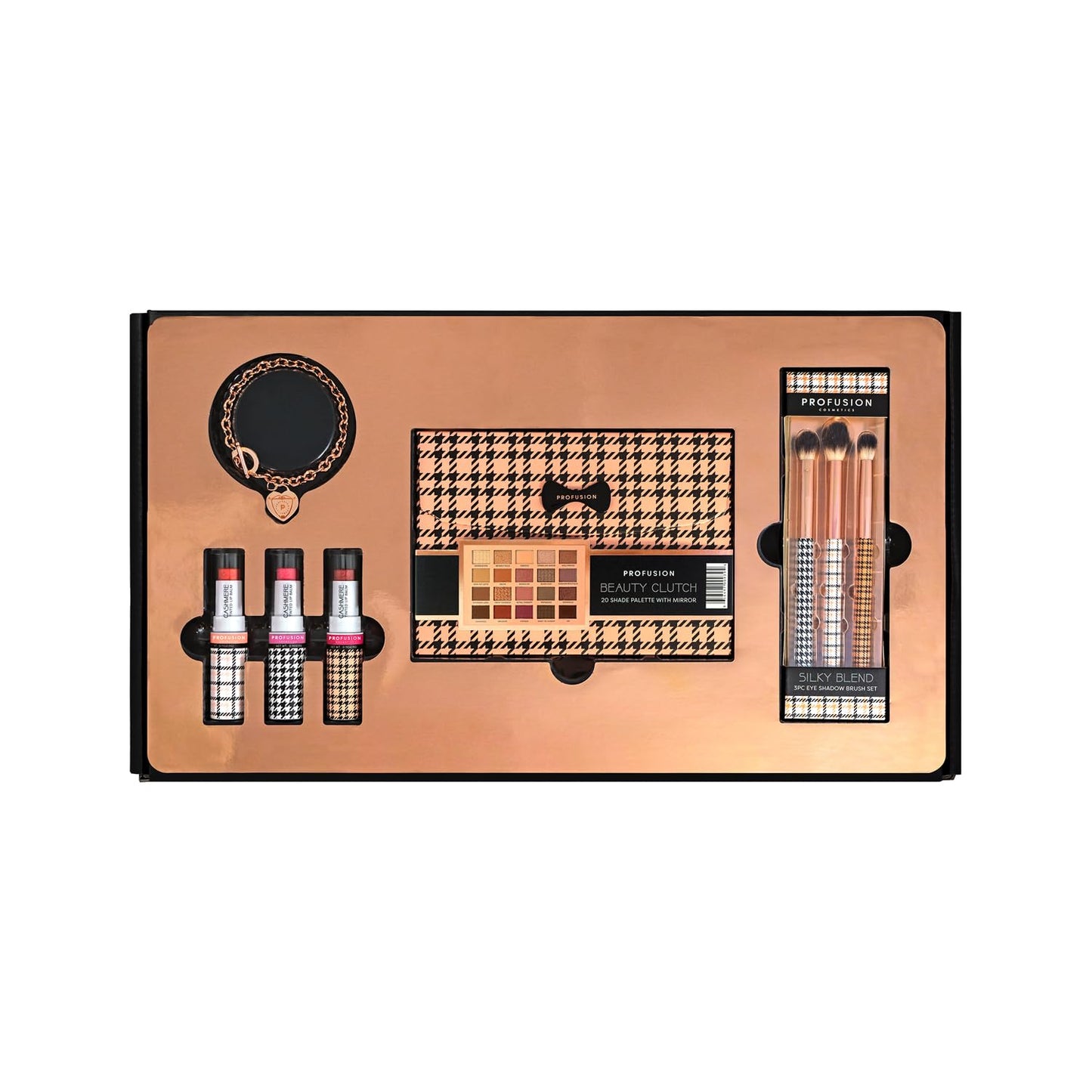 Profusion Cosmetics Beverly Hills PR Box, Includes Beauty Clutch 20 Shade Palette with Mirror, 3 Pc Eyeshadow Brush Set, and Lip Balm Trio to Enhance Your Beauty Routine