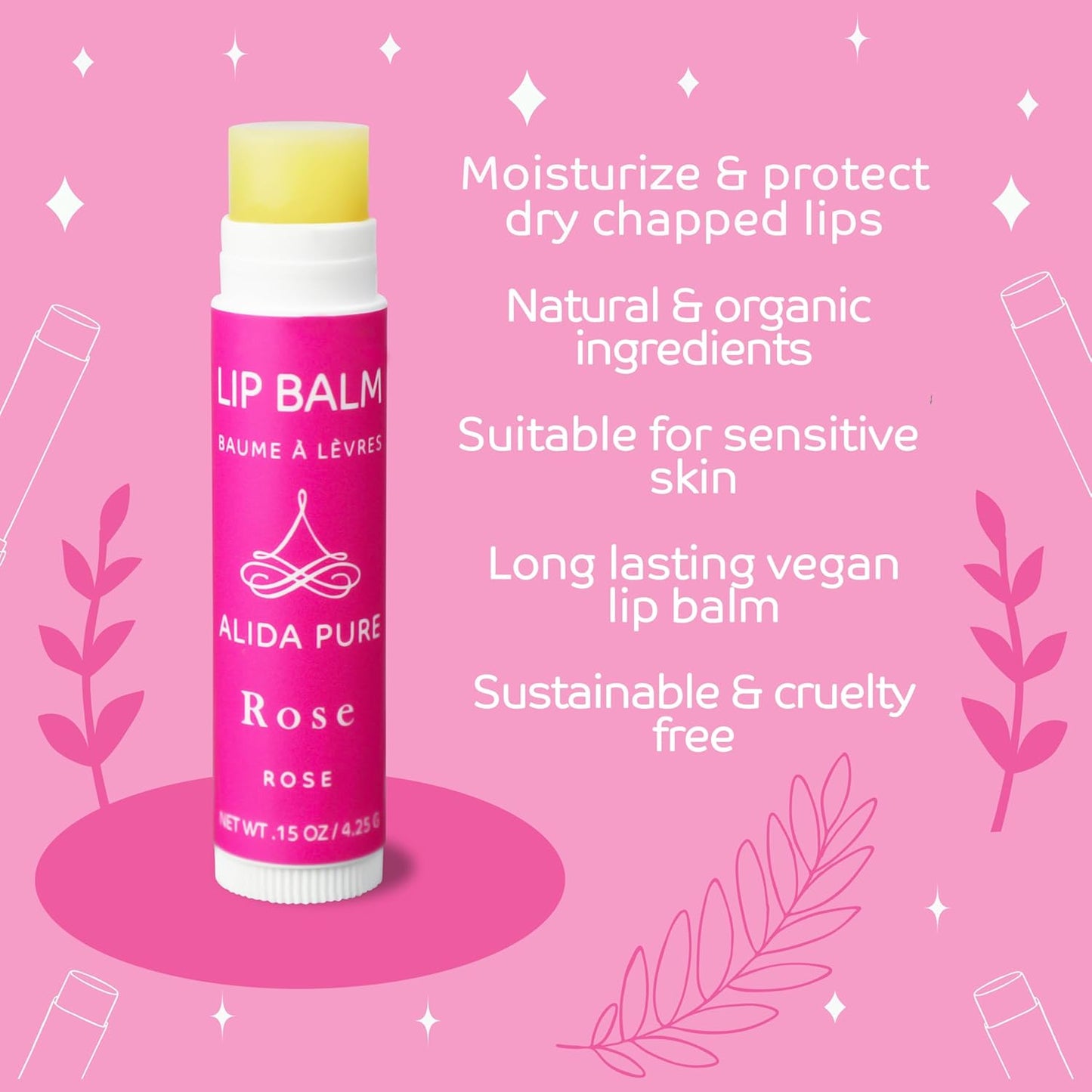 Rose Lip Balm Collection, Vegan Set, Beeswax Free, with Organic Jojoba and Avocado Oil, Vitamin E, Natural Moisturizer for Dry, Chapped Lips, 3 Tube Set