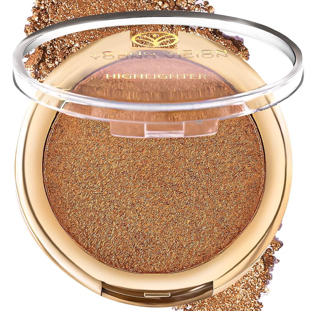 YOUNG VISION Pressed Powder Highlighter, Baked Natural Glow Contour Powder & Face Highlighter, Cruelty Free, Shimmer Highlighting Makeup for Face, Eye, Eyeshadow, Body, Skin (Brown)