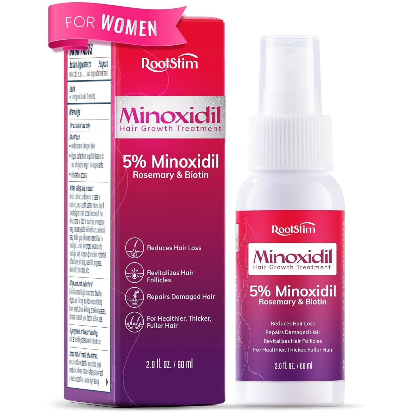 Women's 5% Minoxidil Spray for Hair Growth: RootStim Extra Strength Minoxidil with Rosemary & Biotin for Thinning Hair Regrowth and Fuller Hair 60 ML