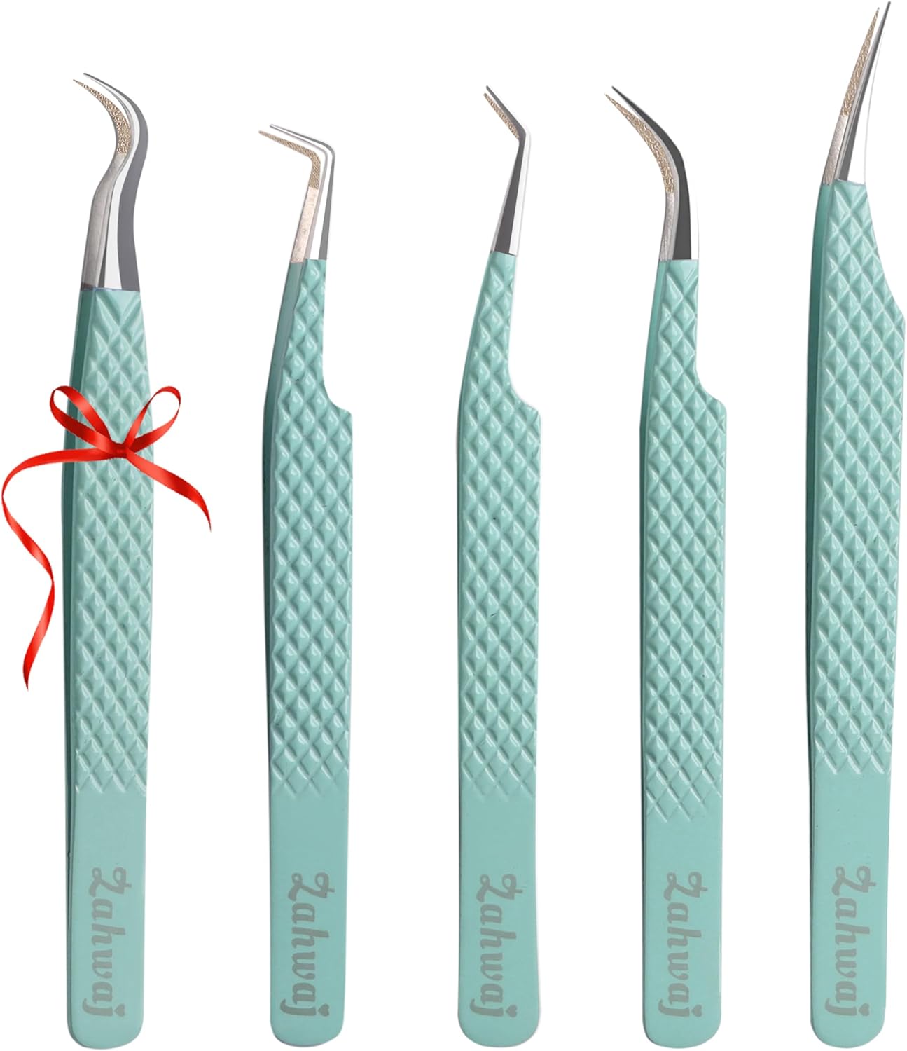 Lash Tweezers - Set of 5 Diamond Grip Eyelash Tweezers - Stainless Steel Professional Fiber Tip Lash Tweezer for Eyelash Extensions (Light Green)