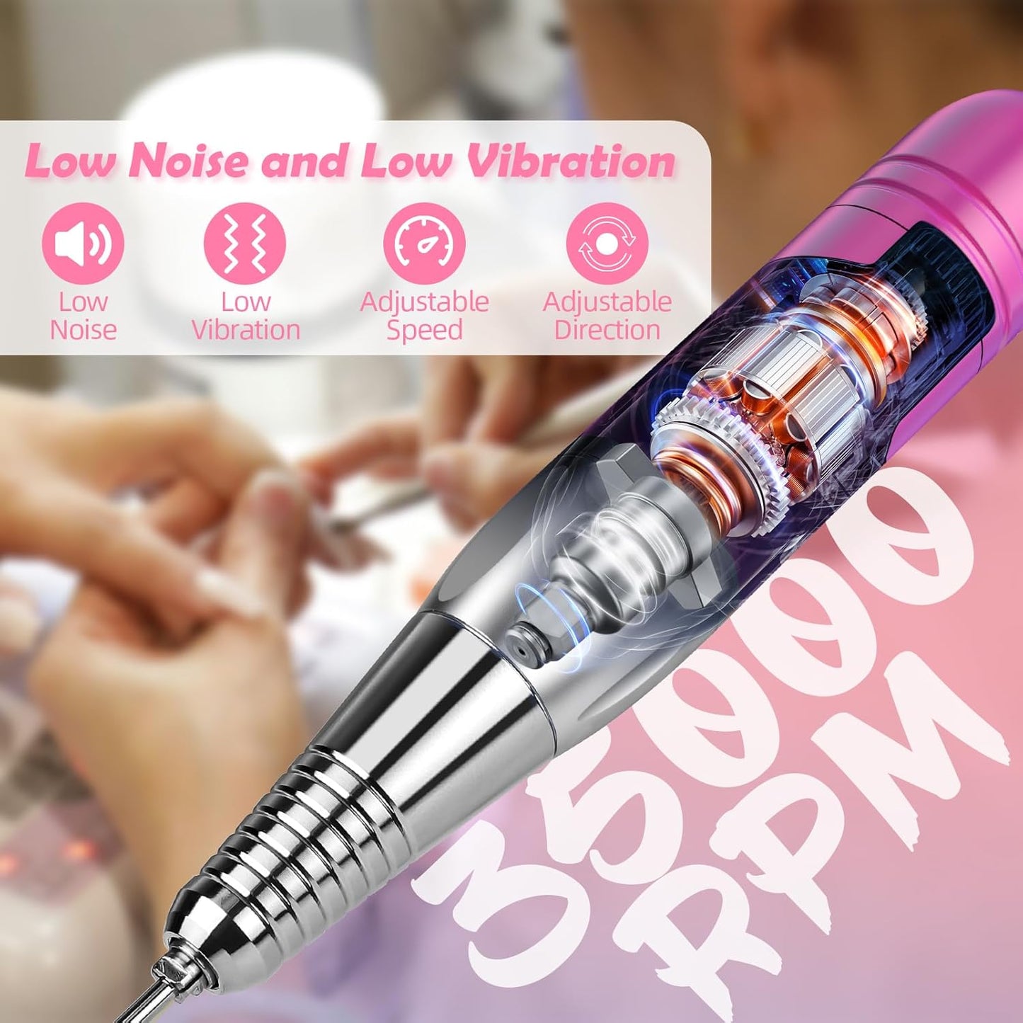CIVPOWER Nail Drill Professional: 35000RPM Electric Nail File - Portable Rechargeable LED Display Nail Tool Kit- Manicure Pedicure Salon Home DIY Pink