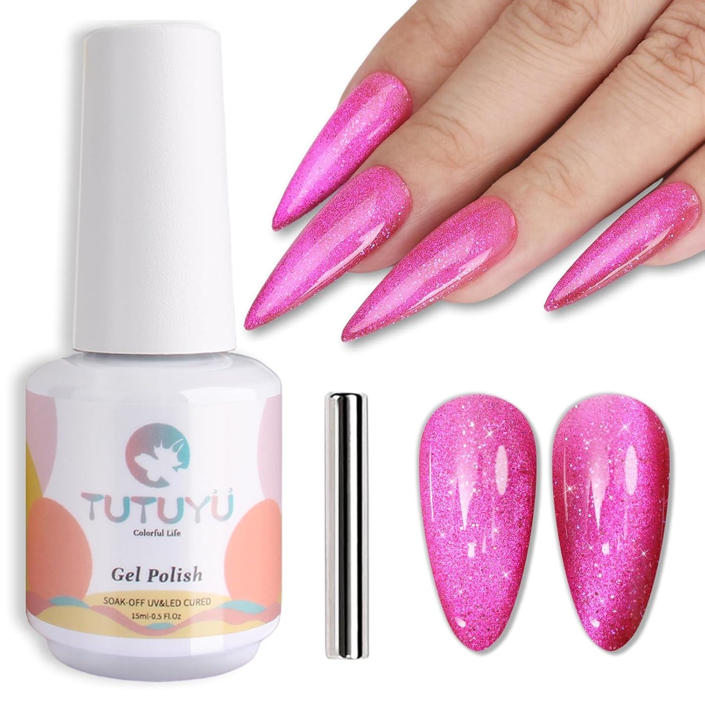 Pink Cat Eye Gel Nail Polish,Iridescent Quicksand Galaxy Holographic Pink Cateye Gel Polish with Magnet, fuchsia Gel Shimmer Velvet Soak Off Uv Led Home Diy Manicure - GP0105
