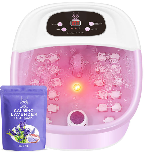 Foot Spa Bath Massager with Heat Bubbles and Vibration Massage and Jets, 16 OZ Calming Lavender Foot Soak Epsom Salt, Foot Soaker with Red Light, 22 Massage Rollers, Adjustable Temp - Pink