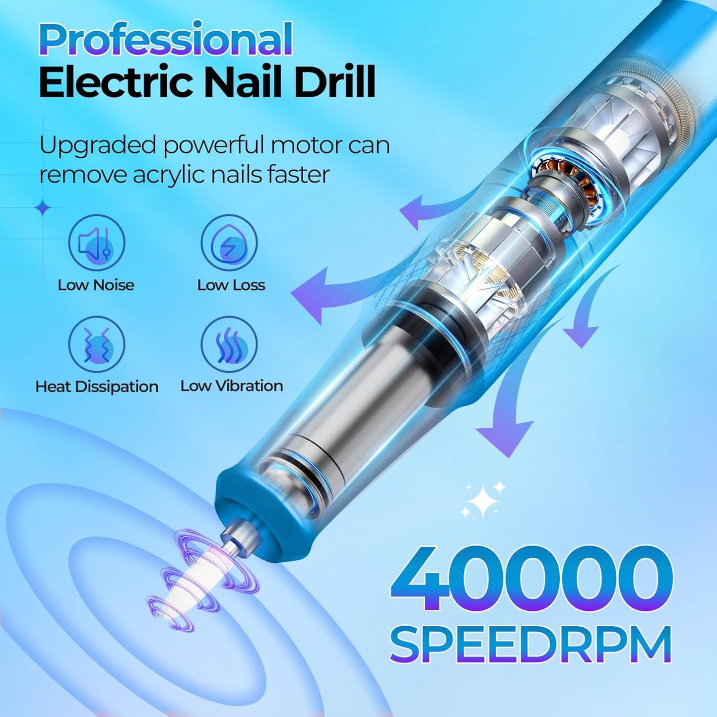 Nail Drill Electric File: 40000RPM Professional E File Kit E File Machine Filer for Shaping, Buffing, Removing Acrylic Gel Nails, Manicure Pedicure Kit with 12Pcs Nail Bits, Home Salon Use