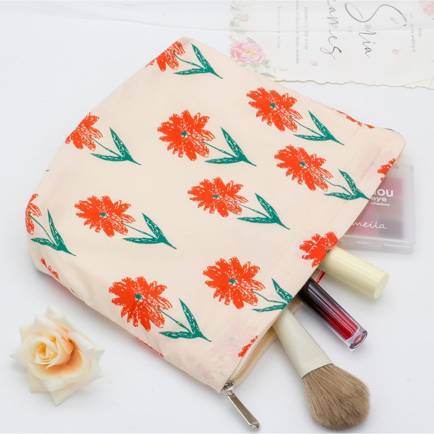PAZIMIIK Floral Makeup Bag Large Cotton Zipper Pouch for Purse Travel Canvas Make Up Organizer for Women Cosmetic,Small Flower