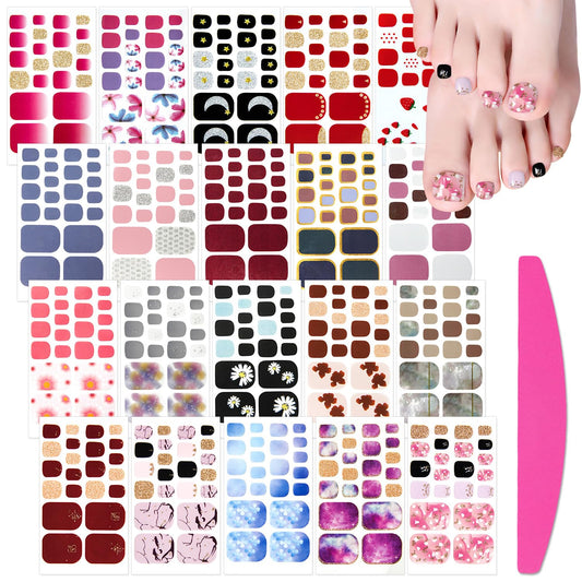 SILPECWEE 20 Sheets Adhesive Toenail Polish Wraps Stickers Flower Marbling Toe Nail Strips Decals for Toes Manicure Accessories for Women 1Pc Nail File